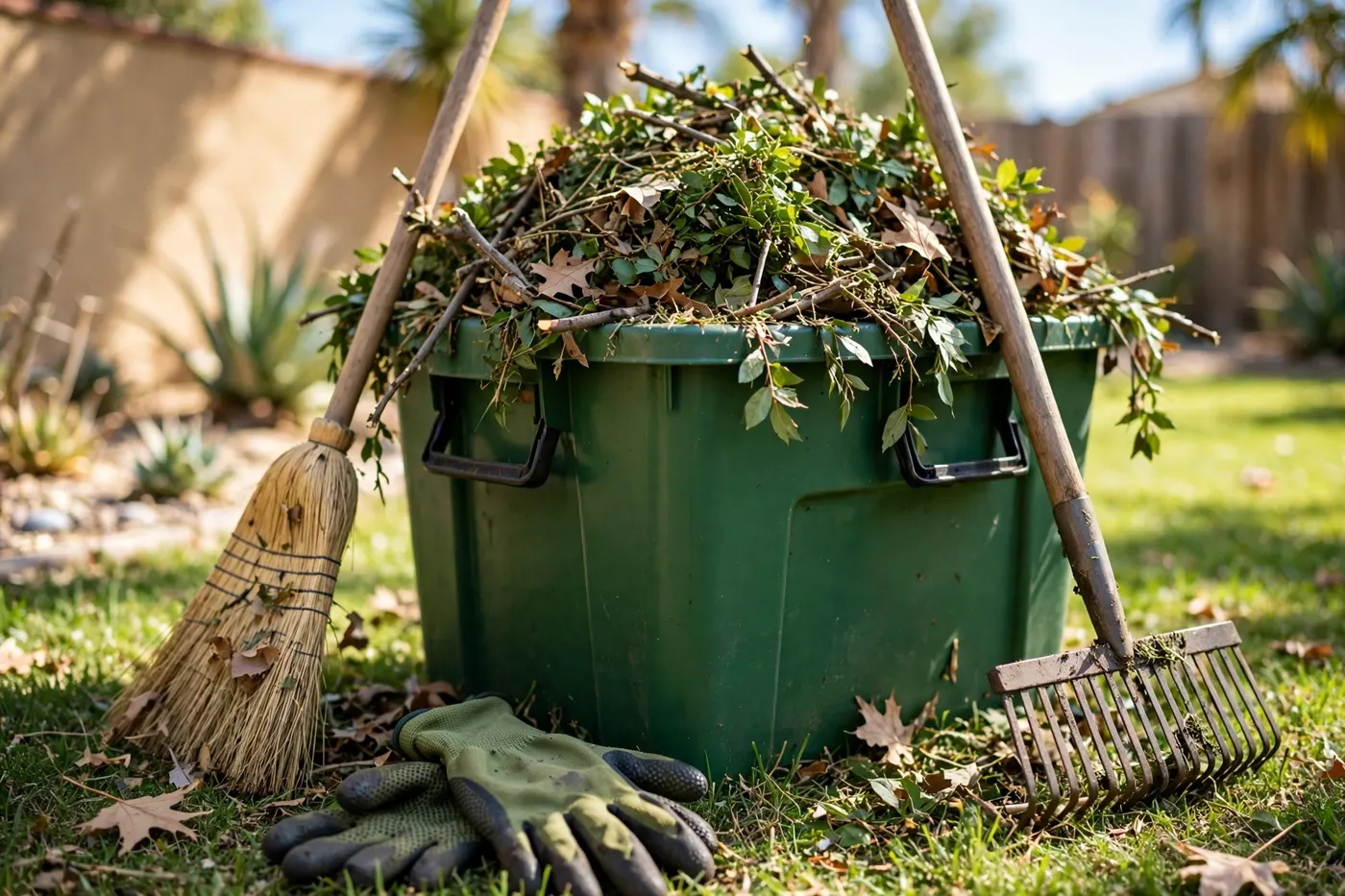 A yard cleanup in progress with a green waste bin full of clippings