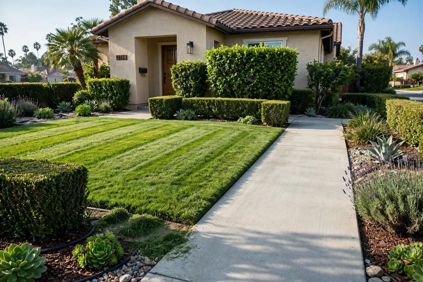 A freshly maintained Orange front yard with a striped green lawn